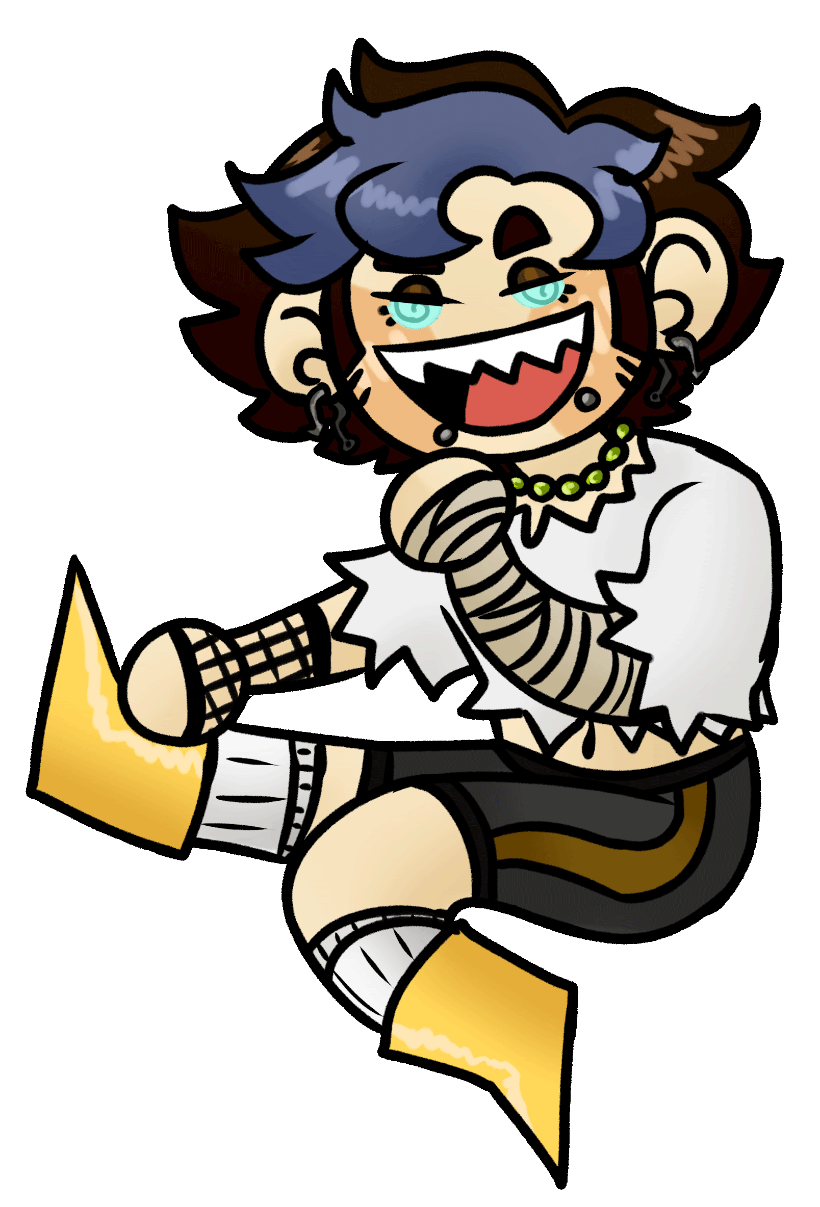 a gif of luore, a white nonbinary person with brown hair/blue bangs and blue eyes. they wear jewelry on their ears, lips, and neck. they wear a croptop and various wrappings on their arms. their pants are black with a brown stripe on the side. they wear ye